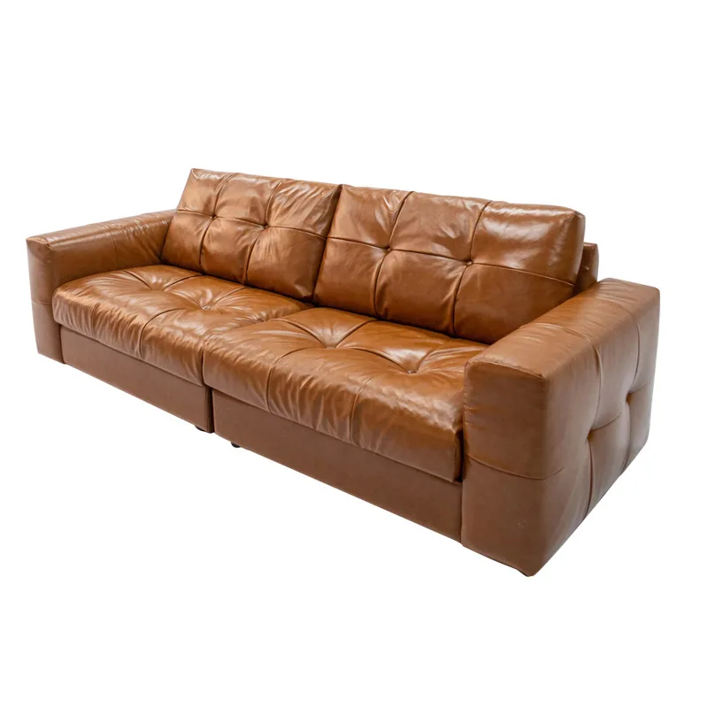 

French retro oil wax leather star sofa living room straight three-person small apartment sofa