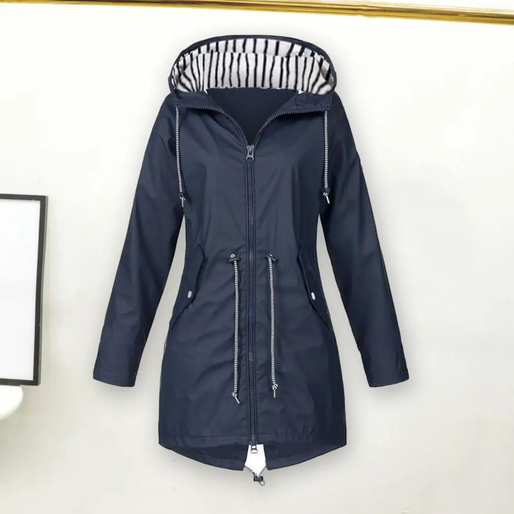 Jacket Coat Stylish Women\'s Waterproof Rain Jacket with Hood Drawstring Closure Spring Autumn Coat with Side Pockets Zipper