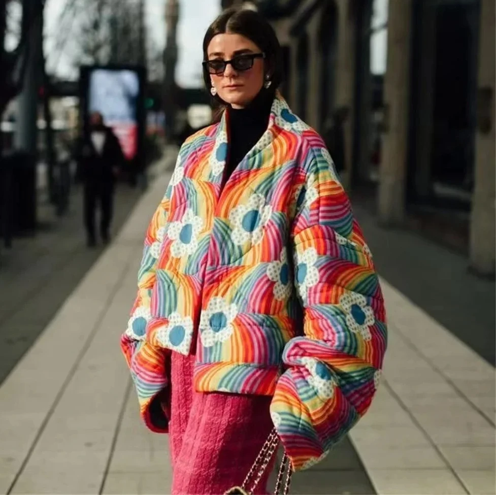 

Женская хлопковая одежда, осенне-зимняя новая модная куртка с радужным цветком и хлопковой зажимом