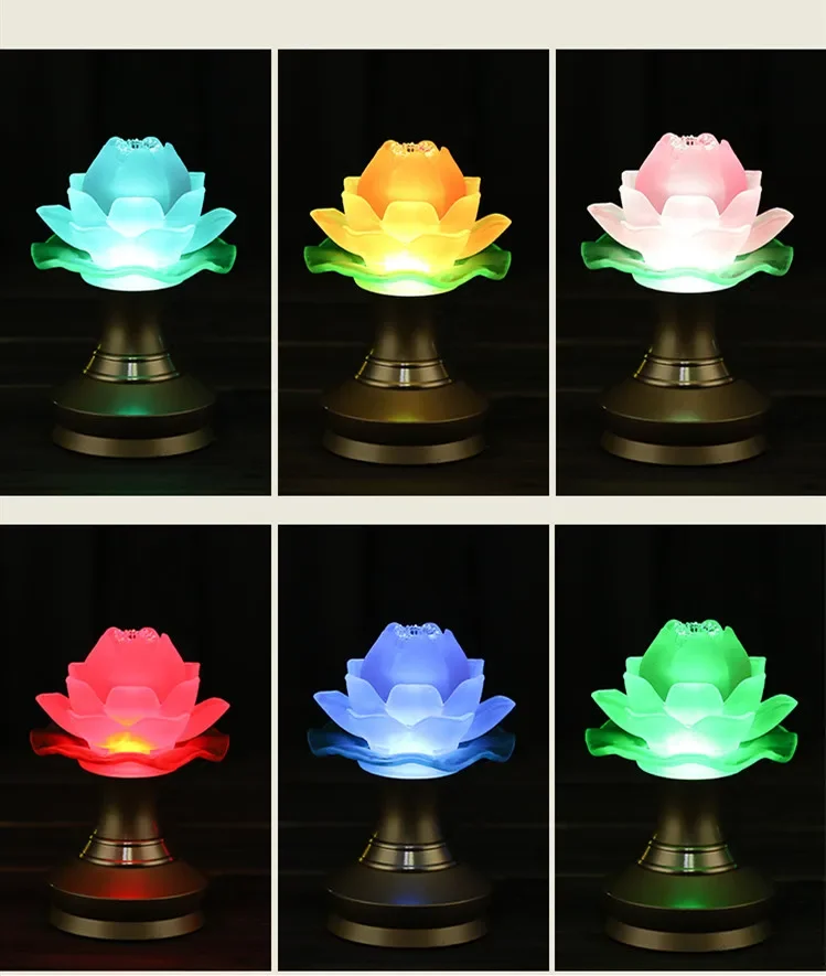 LED Colorful Lotus Lamp Buddha Hall for Home Feng Shui Ornaments Buddhism Supplies Guanyin Worship Decoration