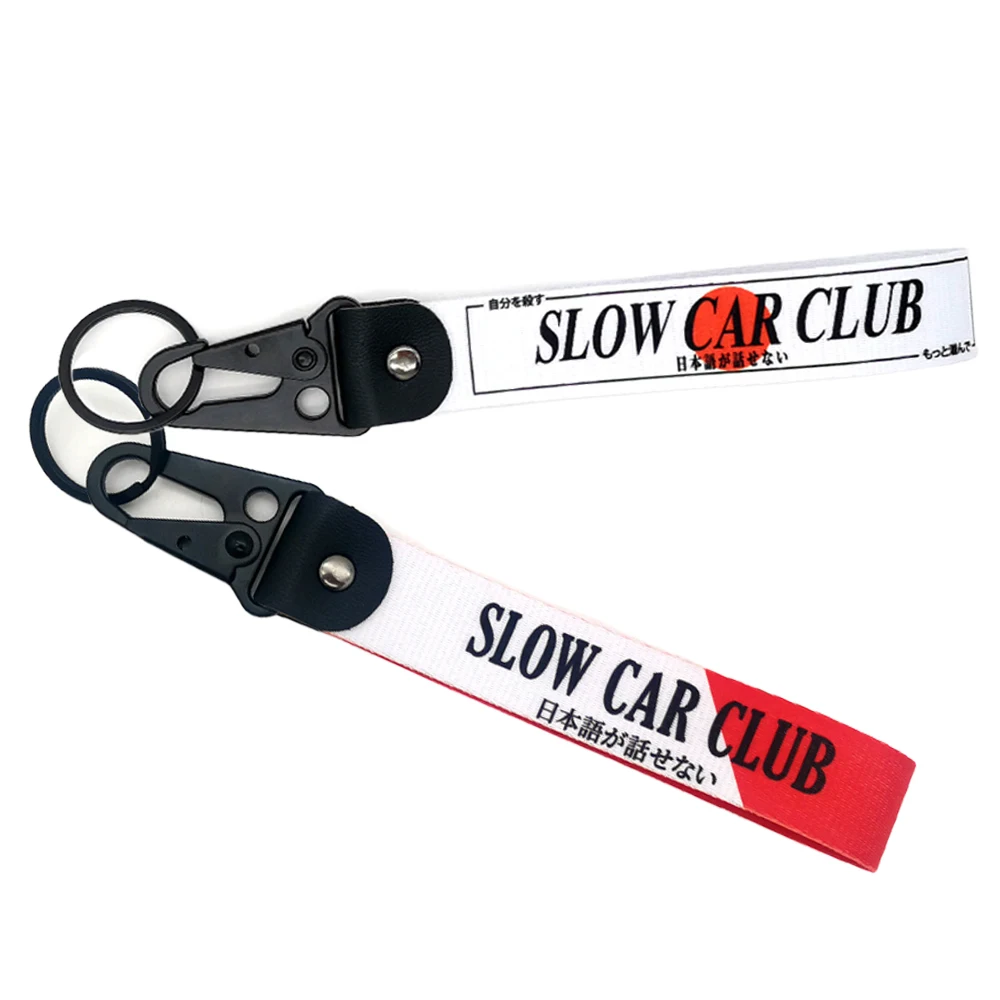 2 Design SLOW CAR CLUB Keyring Nylon Keychain JDM Racing Style Durable Car Motorcycle Key Tag Red Sun Graphic Accessories