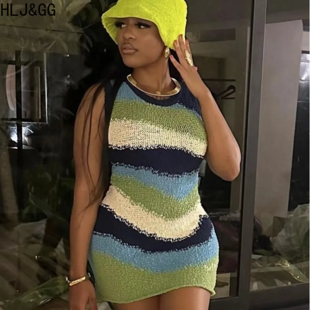 Hlj & gg moda malha listrado retalhos bodycon mini vestidos femininos bloco de cor sem mangas vestido feminino streetwear