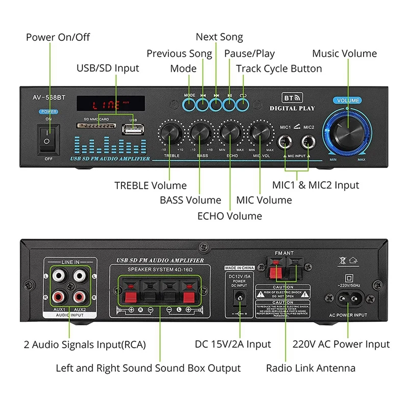 Audio Power Stereo Amplifier AV-568BT Bluetooth Amplifier 2.0 Channel 50W X 2 With 2 RCA Inputs USB SD Readers(EU Plug)