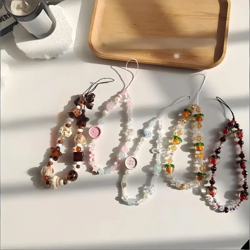 Korean Sweet Cute 3D Button Beaded Phone Chain Charm Lanyard Mobile Universal Anti-Loss Hanging Rope Jewelry No Fall view 2