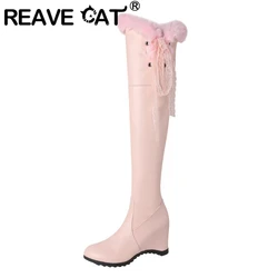 REAVE Over-Knee High Boots Round Toe Wedges Ribbons Size 34-43 Sweet Pink White Black S2721