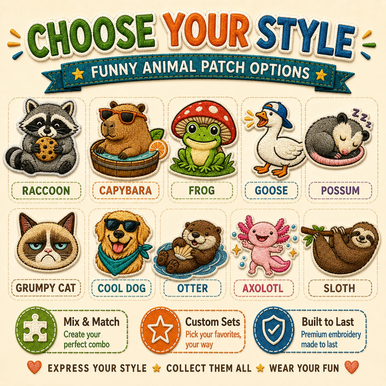 Funny Animal Embroidery Patches Custom Raccoon Capybara Frog Goose Cat Dog Iron On Sew On for Backpacks Jackets Hats Gifts