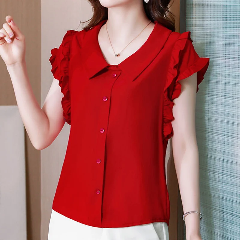 Elegant Fashion Solid Ruffles Buttons Chiffon Shirt Summer 2024 New Peter Pan Collar Short Sleeve Loose Blouse Women\'s Clothing