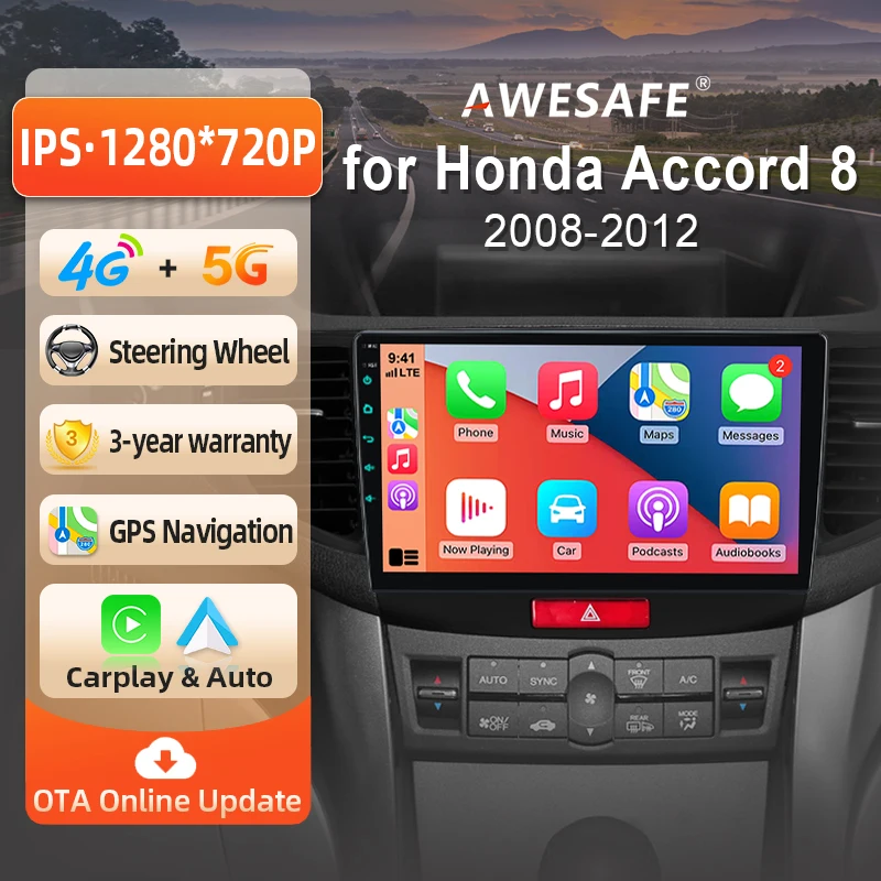 AWESAFE Radio Android de 9 pulgadas para Honda Accord 8 2008-2012, CarPlay inalámbrico y Android Auto, navegación GPS, soporte multimedia, control del volante, amplificador de subwoofer, cámara trasera con CAN-BUS, Plug and Play, DAB+, autorradio digital, radio de coche 2 DIN, estéreo RDS