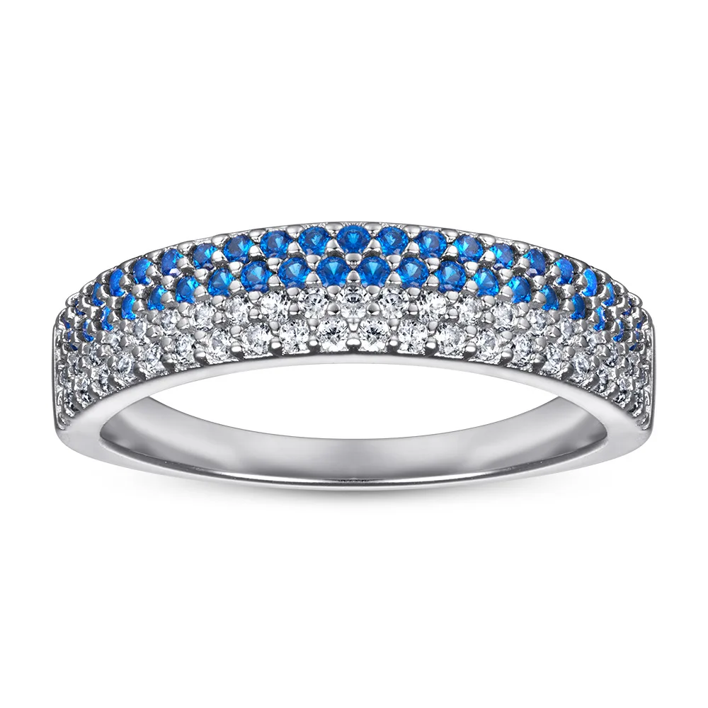 

New fashion trend s925 silver inlaid 5A zircon ladies personality blue crystal white zircon row diamond ring