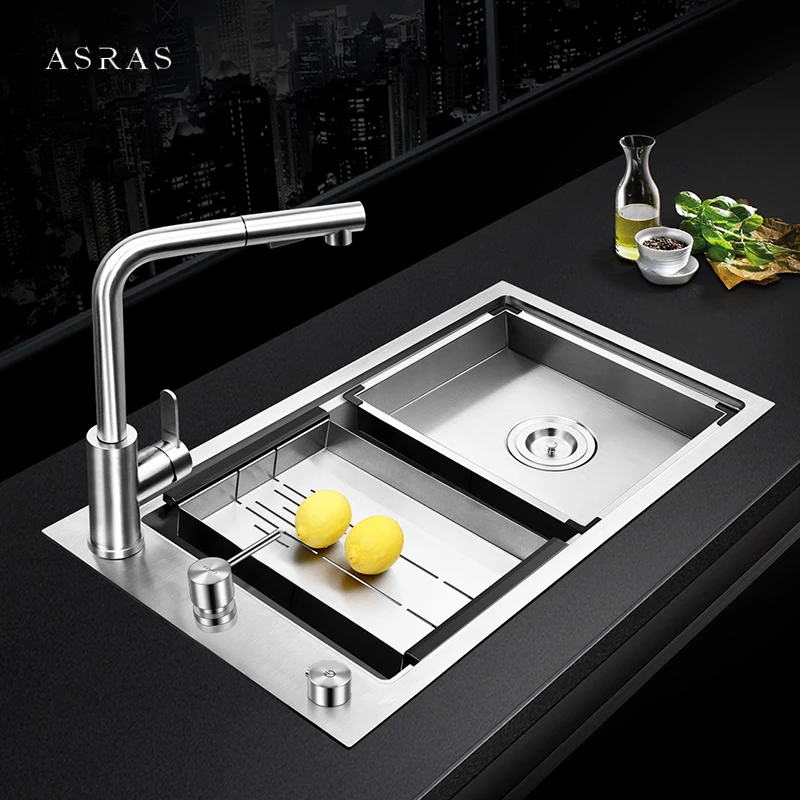 

ASRAS SUS 304 Stainless Steel Side Kitchen Sink large size Handmade Brushed 4mm Thickness 220mm Depth Single kitchen Sinks