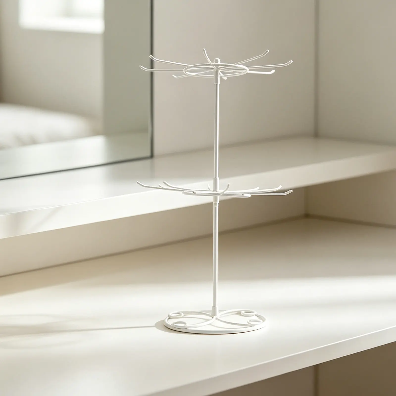 2 Tier White Metal Jewelry Display Stand Rotating Necklace Organizer 16 Hooks Necklace Holder for Bracelets Earrings Keychain