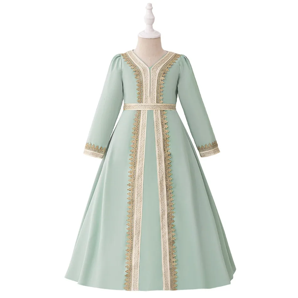 2026 Muslim Girls New Robe Dress Satin Cloth Embroidery Banquet Girls Princess Dress Party Long Sleeve Evening Dress Dress ASQ03
