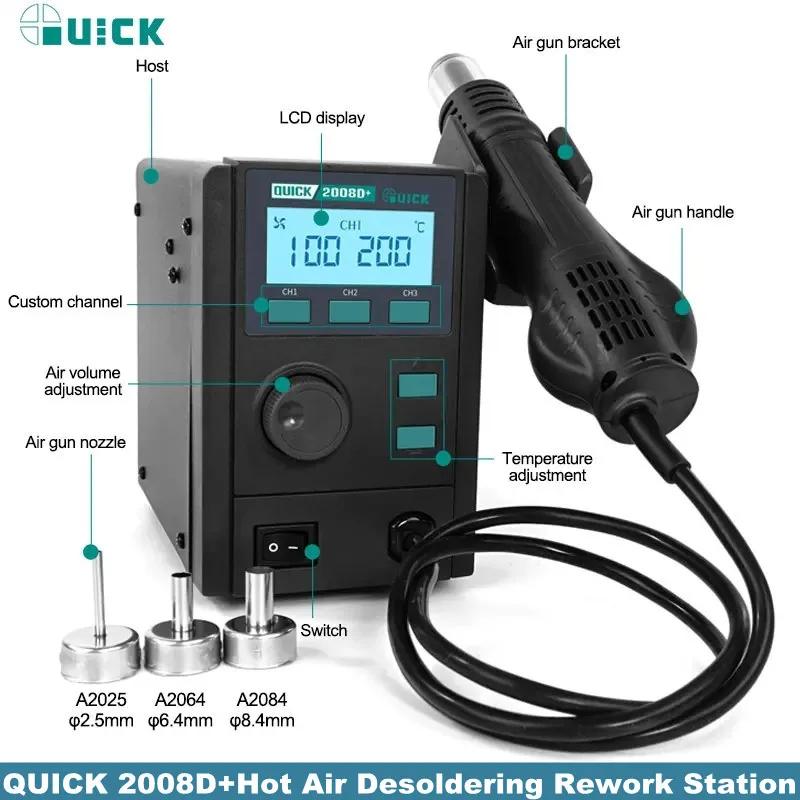 

QUICK 2008D+ Heat Air Gun 750W Desoldering Rework Station Intelligent Auto Hibernaiton for Phone PCB Efficient Welding Repair