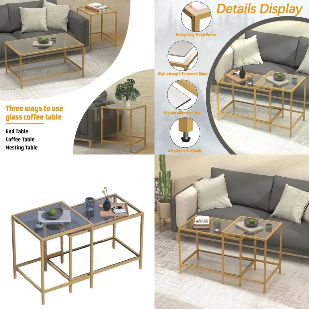 

Gold Nesting Coffee Tables Set of 2, Square Glass Top with Metal Frame for Living Room and Small Spaces, Easy Assembly.