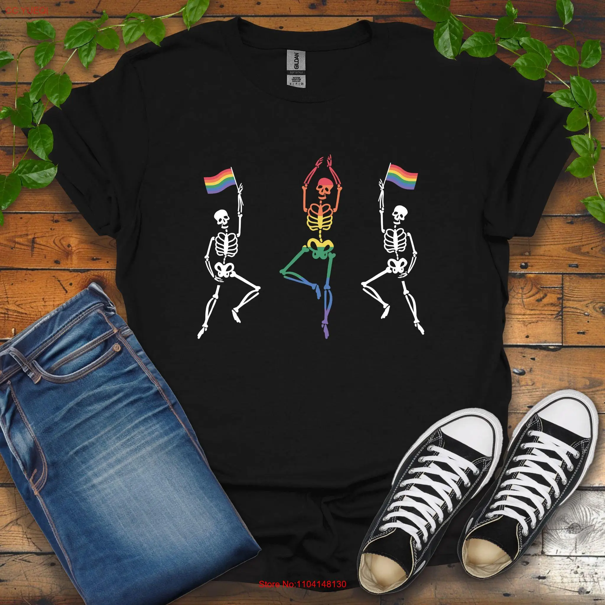 

Dancing Skeletons Holding Inclusive Gay Pride Flags T Shirt LGBTQ Rainbow Equality Awareness long or short sleeves