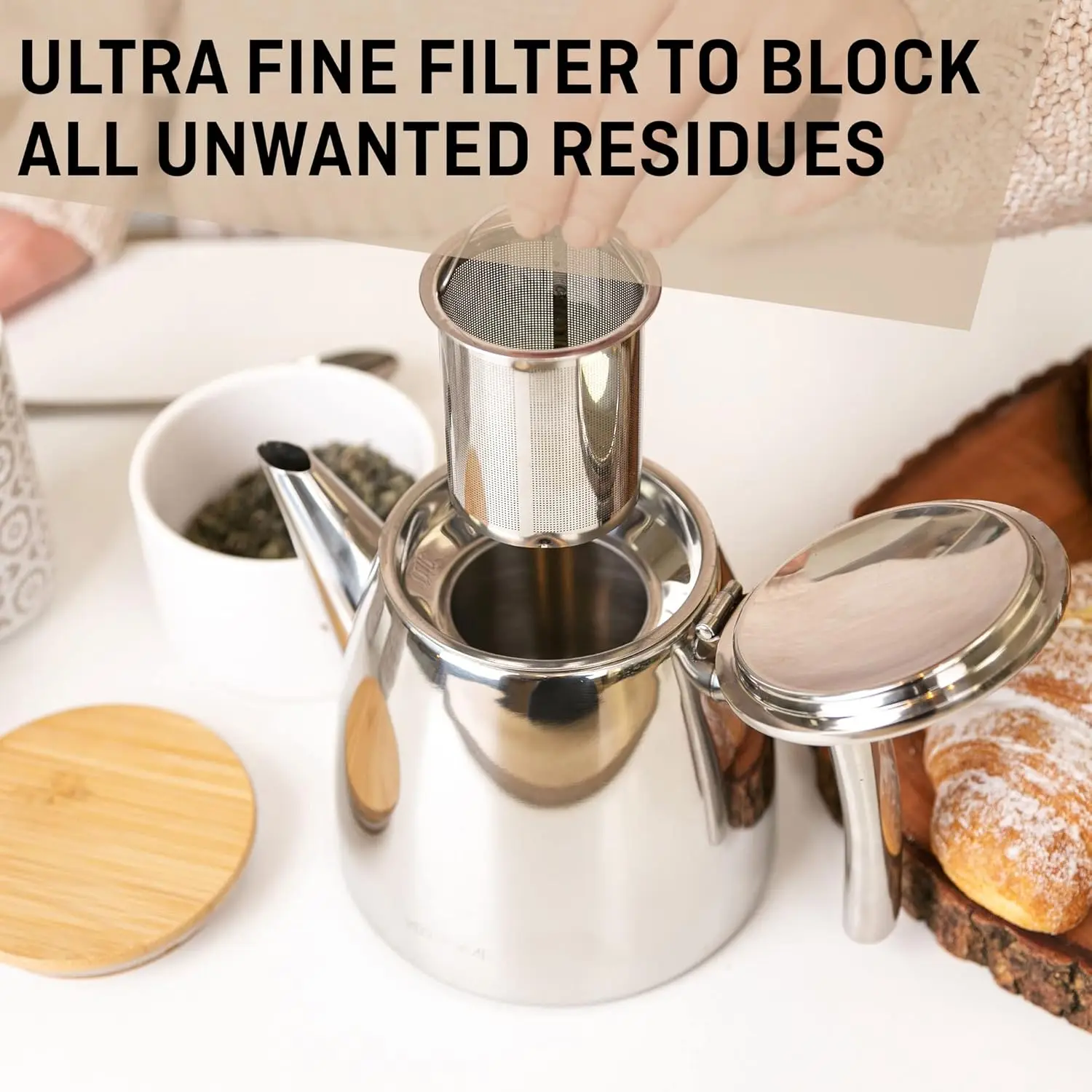 وعاء شاي من الفولاذ المقاوم للصدأ مع مصفاة، جدار مزدوج يحافظ على الحرارة، فضي 1 لتر (34 أونصة)