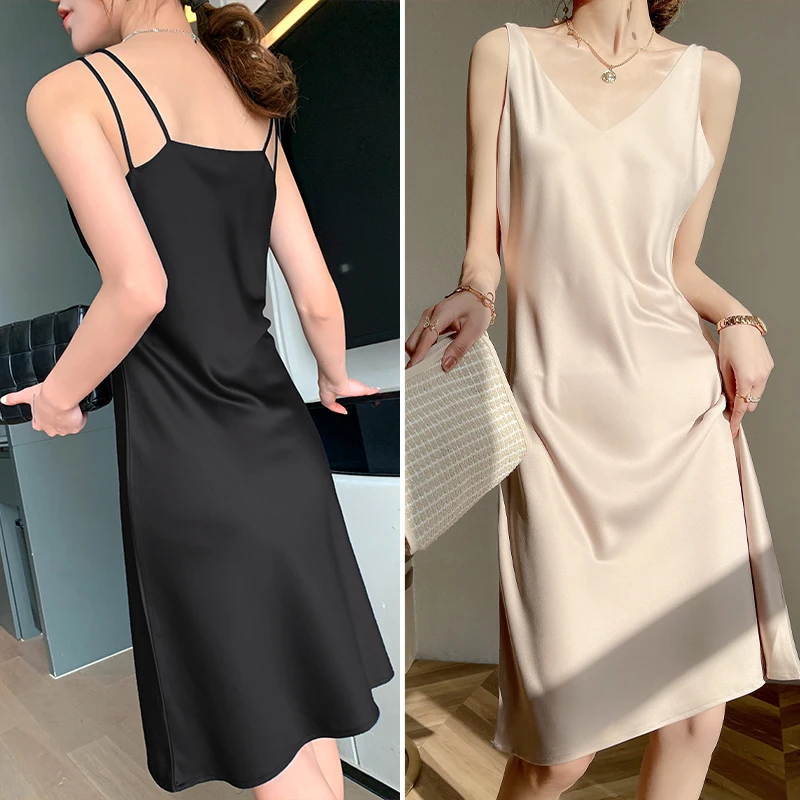 シルクアセテートサテン女性の Dr セクシーなスーツインナー春秋 V-ne シングルピースピュアカラー高品質官能的なスカート