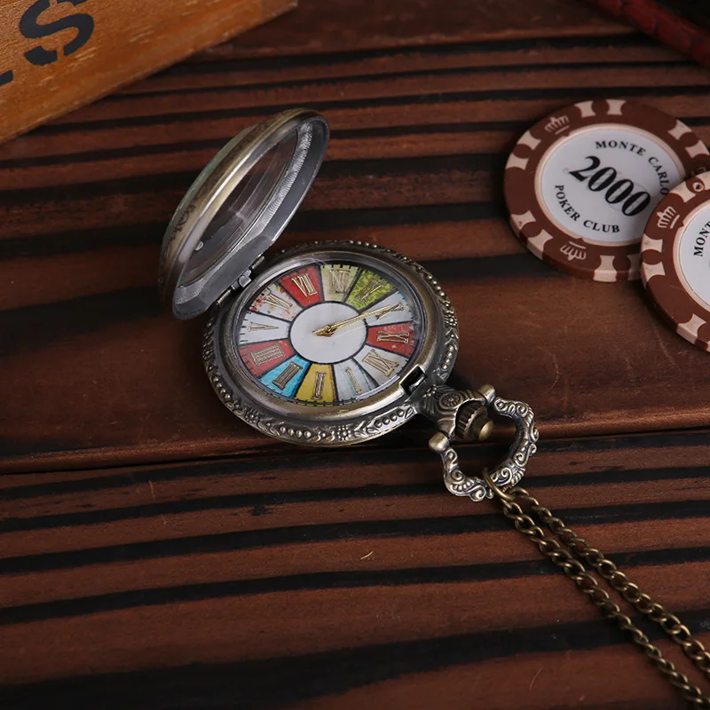 Reloj de bolsillo de cuarzo para hombre, cronógrafo con esfera część romantos coloridos, cadena de collar, colgante de ocio