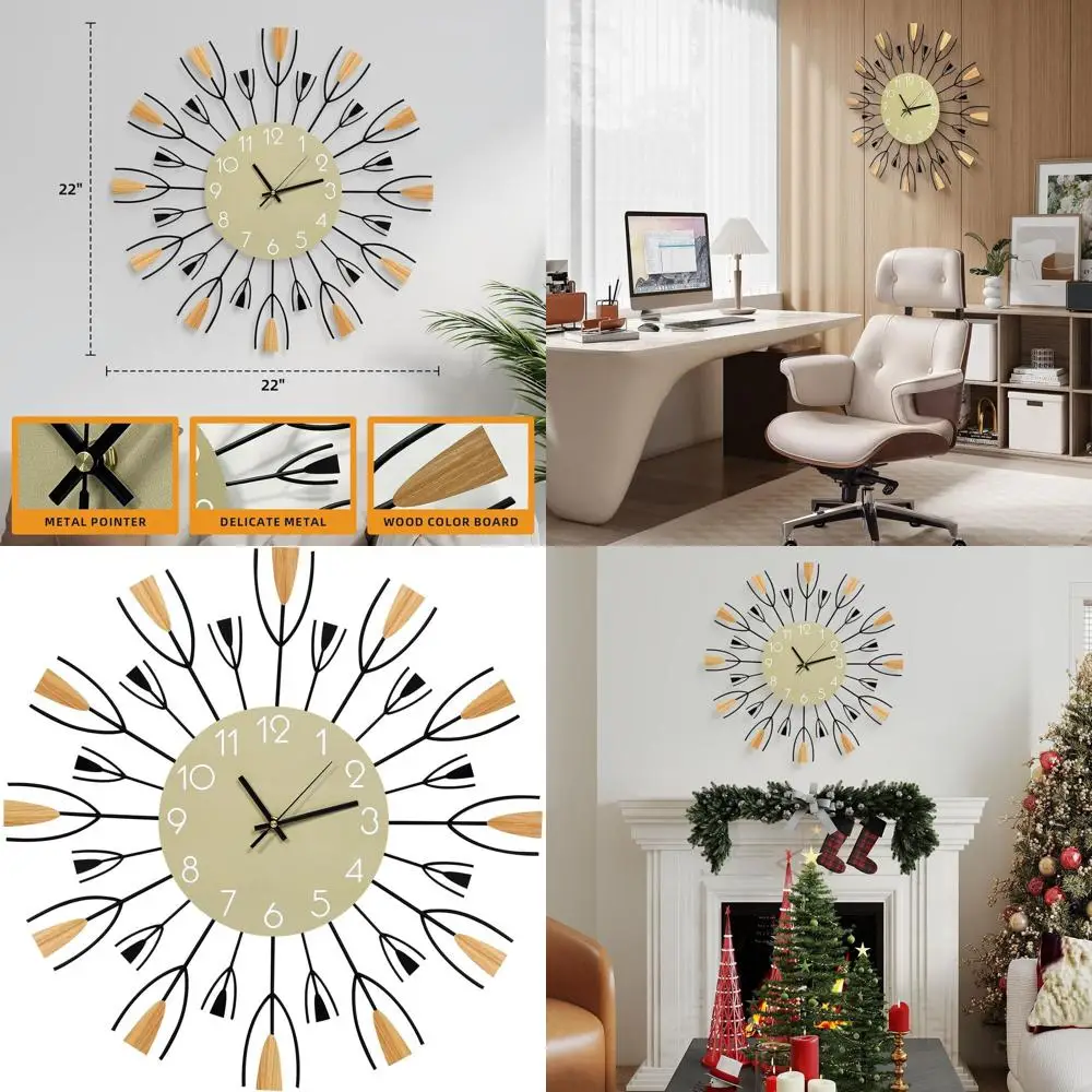 

Mid-Century 24 Sunburst Wall Clock - Silent, Battery-Powered Metal Analog for Home & Office