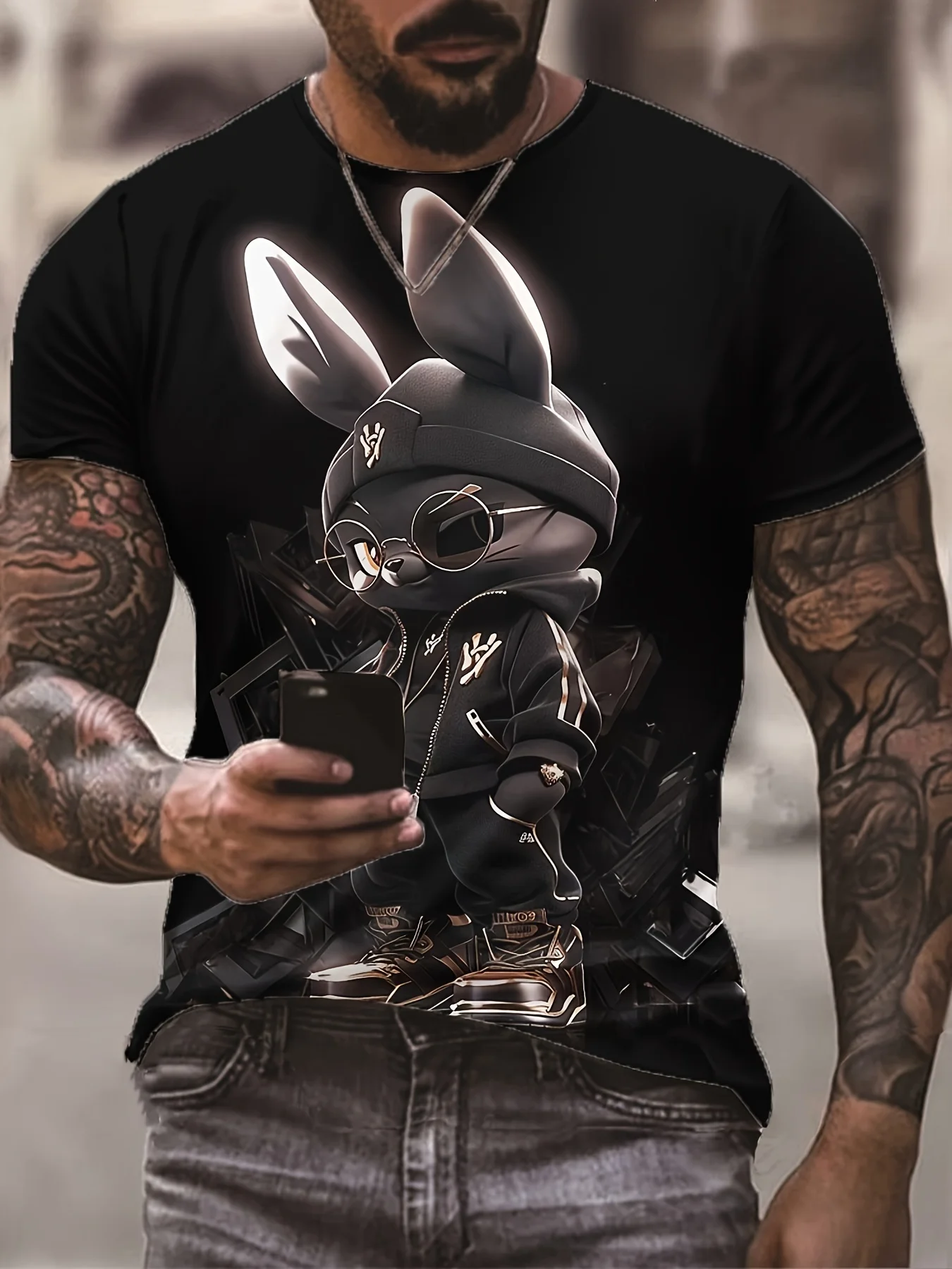 

[Cool Rabbit T-Shirt] Cool 3D Rabbit Print Men's T-Shirt | 100% Polyester Knit Fabric Casual Crew Neck Short Sleeve Regular Fit