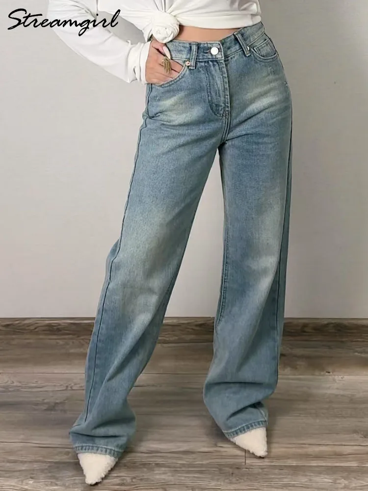 Blue Jeans Women High Waist 2025 Loose Casual Boyfriend Long Jeans For Work Ladies Simple Straight Leg Denim Pants For Women