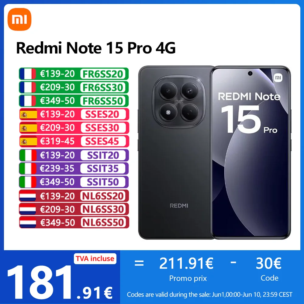 Xiaomi Redmi Note 15 Pro 4G,NFC,Écran AMOLED FHD+ de 6.77'',120 Hz,Caméra 200 MP,Batterie de 6500 mAh,IP65