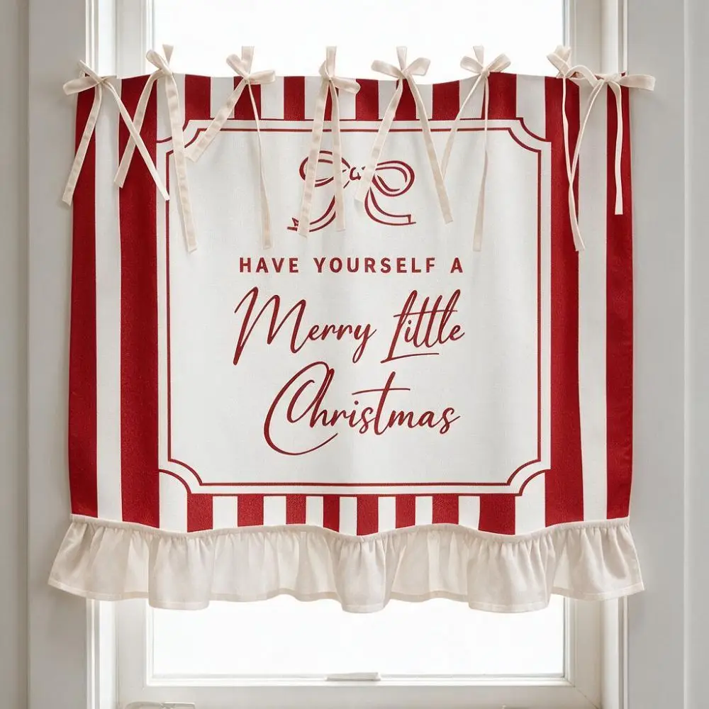 Lace-up Design Christmas Oven Curtain Ruffled Edge American-style Kitchen Stove Curtain Red and White Decorative Cabinet Curtain