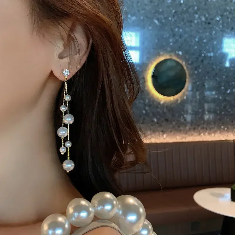 2024 New Trend Simulation Pearl Long Earrings Women's Shiny Zircon Wedding Pendant Earrings Fashion Korean Jewelry Earrings