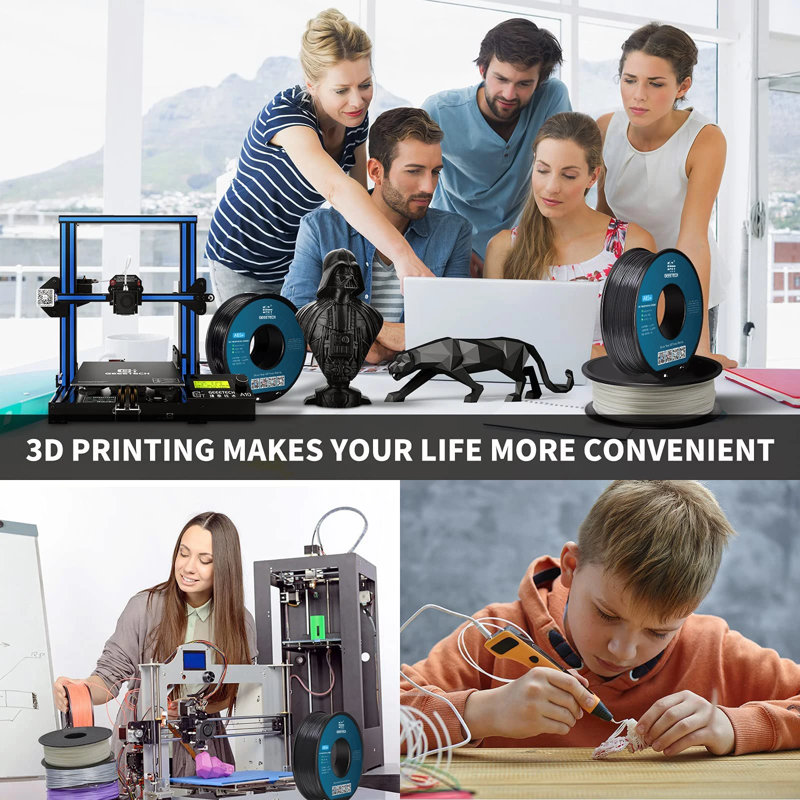 Filament Geeetech ABS+ 3D 1.75mm 1KG, plastik do drukarek 3D, bez plątania, nietoksyczny, pakowany próżniowo, biały, czarny — zdjęcie produktu 6
