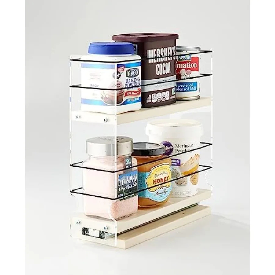 

Sliding spice rack organizer for upper kitchen cabinets: cream metal pull-out shelves, 2-tier storage solution, compact 3.45 x