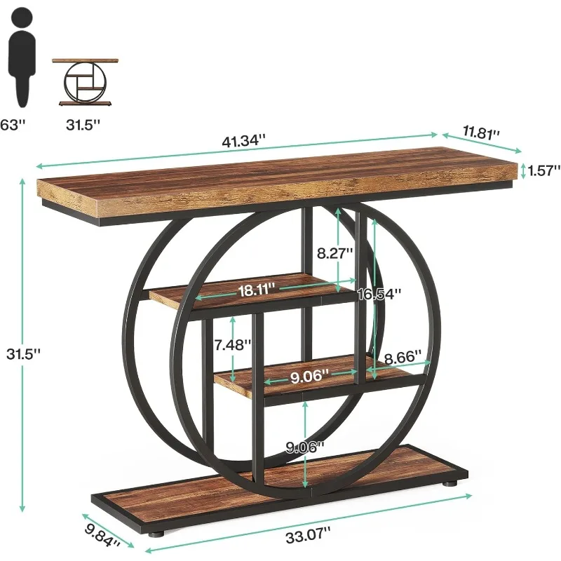 Industrial 4-Tier Sofa Table Entryway Table with Circle Base, Narrow Wood Accent Tables with Storage Shelves for Living Room