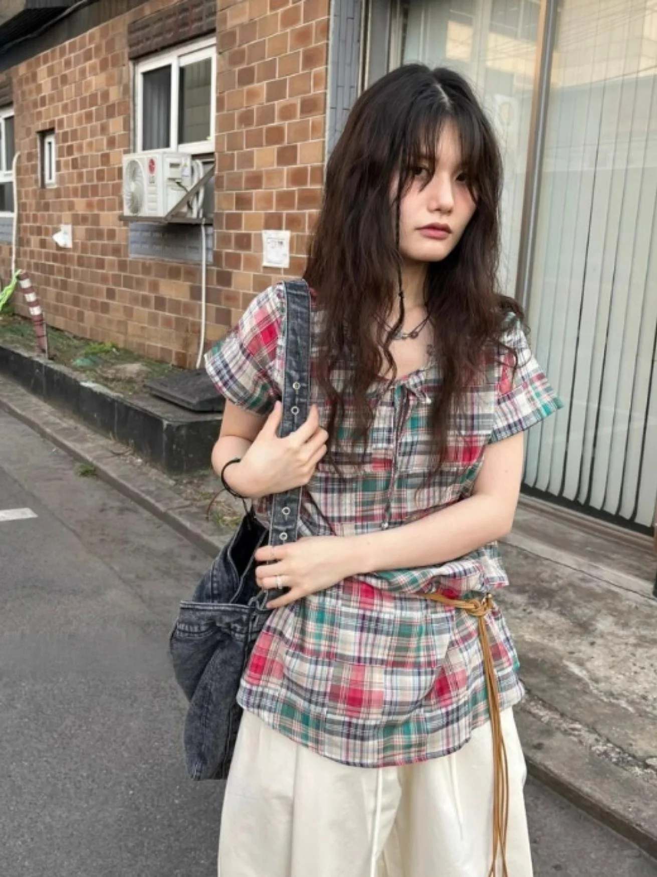 SEI Unique Summer Japanese Style Mixed Color Retro Slimming Casual Versatile Plaid Drawstring Short Sleeve Shirt Top
