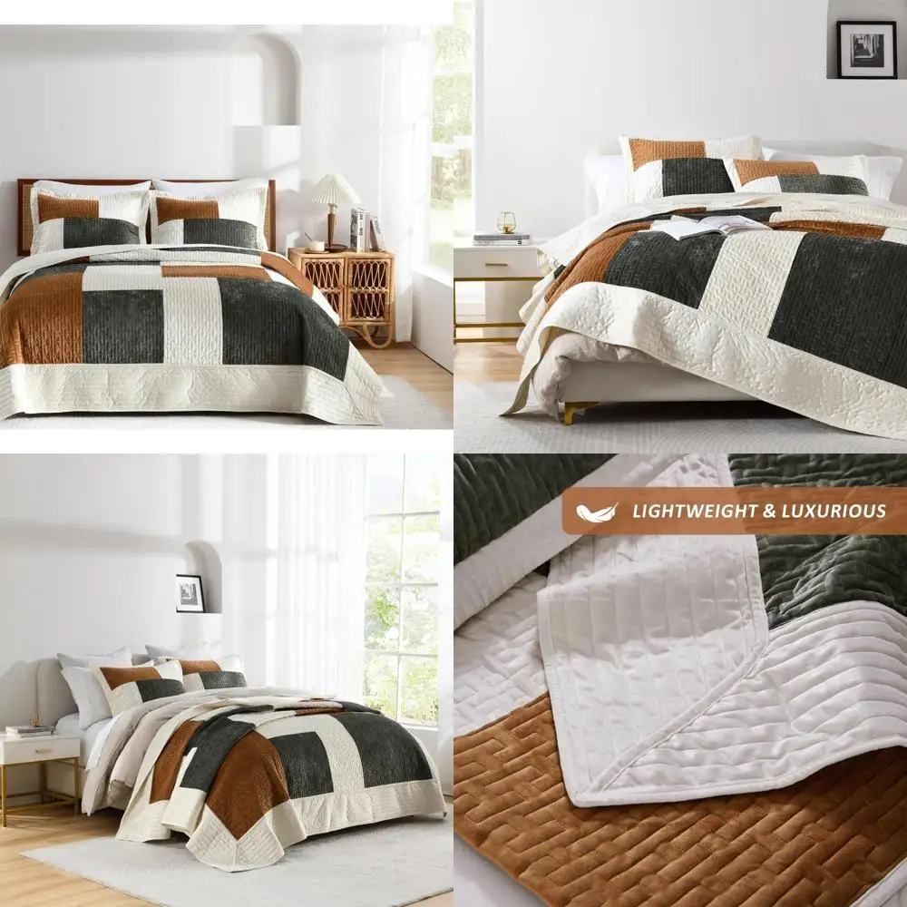 

Green Gold Summer King Size Velvet Quilt Set with 108x96 Bedspread and 2 Pillow Shams