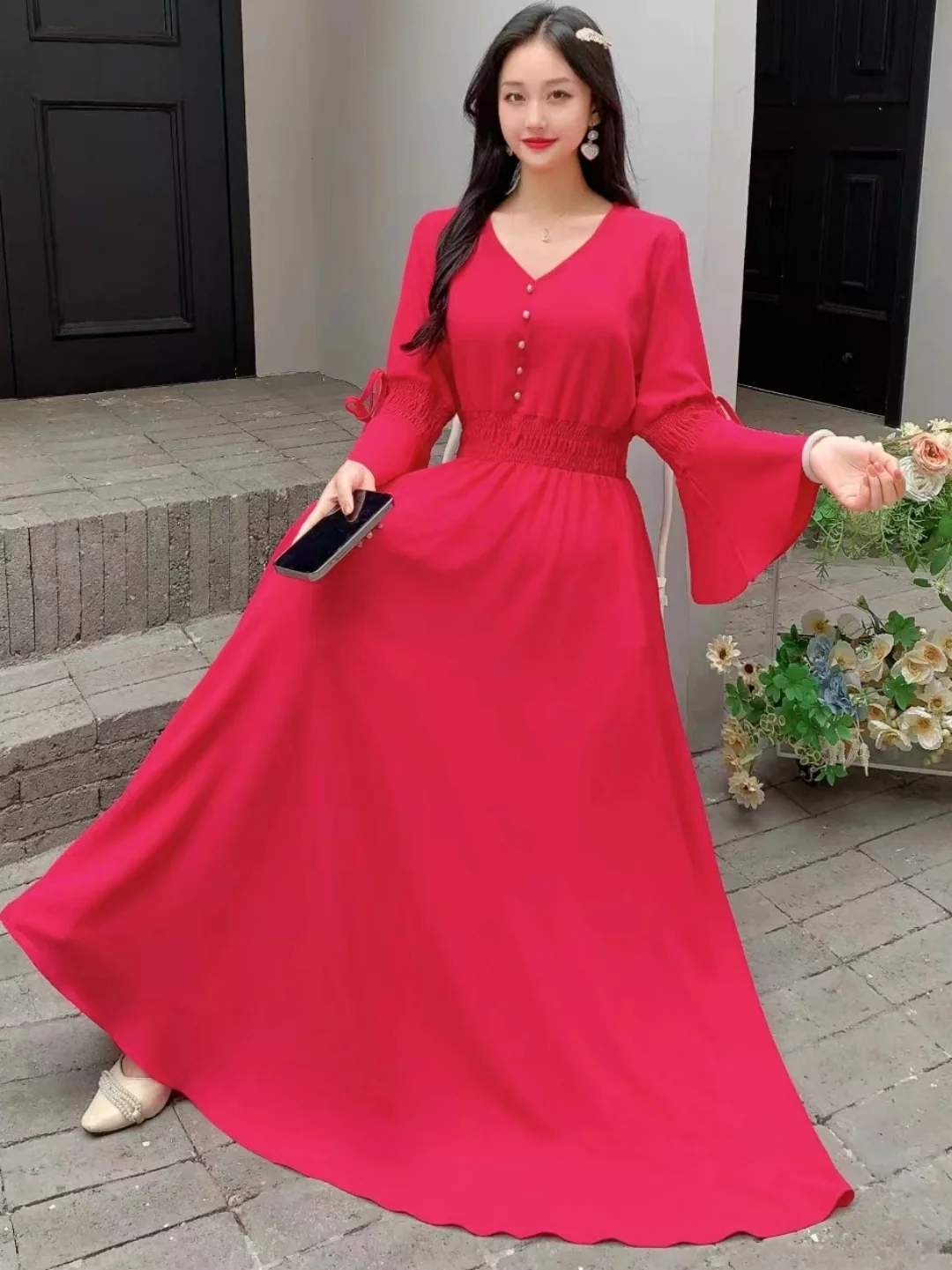 2024 New Spring Autumn Women Sexy V-Neck Speaker Long Sleeve Slim Long Dress Elegant Big Hem Solid Color Dress 10 Colors