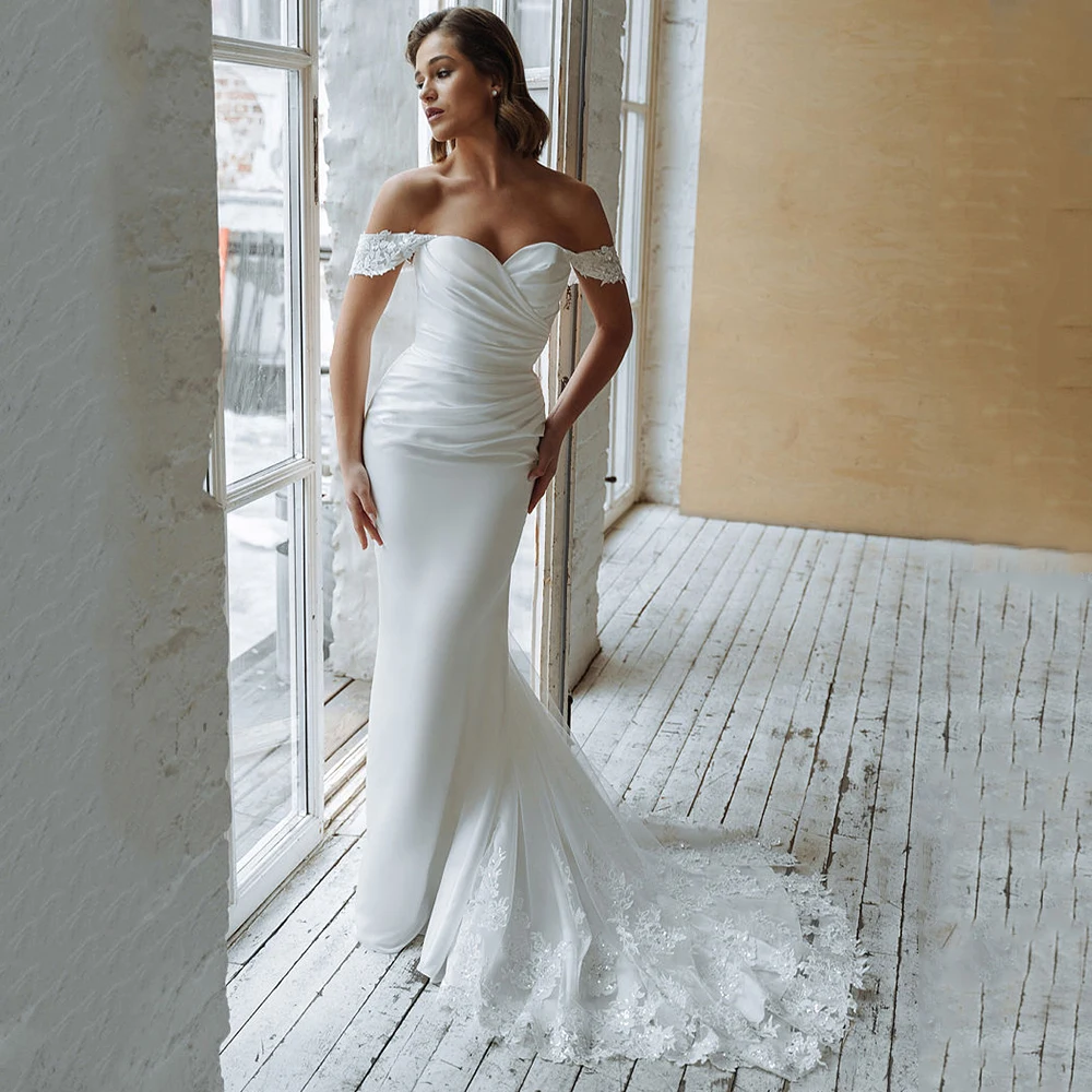 

Charming Wedding Dress Customized Off The Shoulder Lade Court Train Bridal Gowns Women Elegant Pleats Sweetheart Bridal Dress