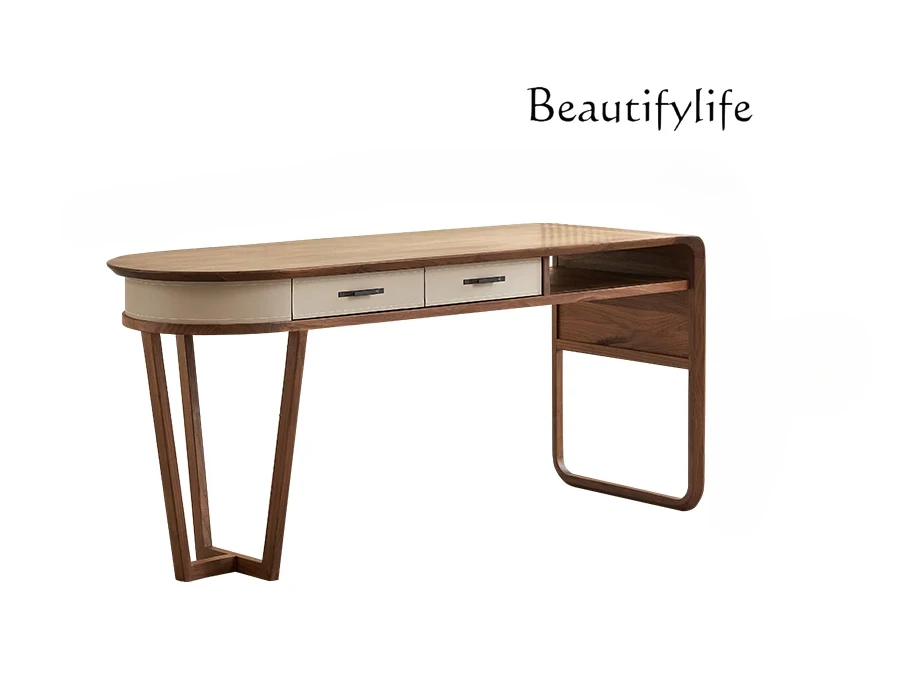 مكتب من الخشب الصلب من خشب الجوز الأسود في أمريكا الشمالية، مكتب كتابة مخصص للدراسة المنزلية من الجلد الإيطالي #1