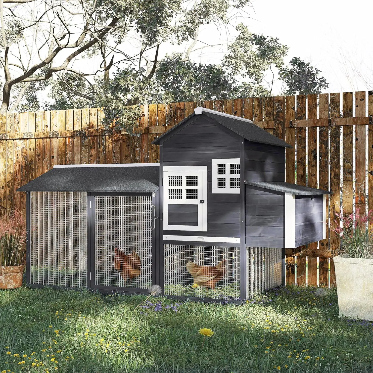 Wooden Outdoor Chicken Coop with Asphalt Roof, Removable Tray, and Ramp for 2-3 Chickens, Gray Color