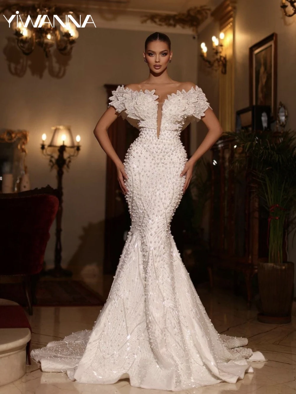 

Elegant Luxury Beads Pearls Wedding Dress Off The Shoulder Mermaid Long Bride Robe Sexy Deep V-neck Bridal Gown Robe De Mariée