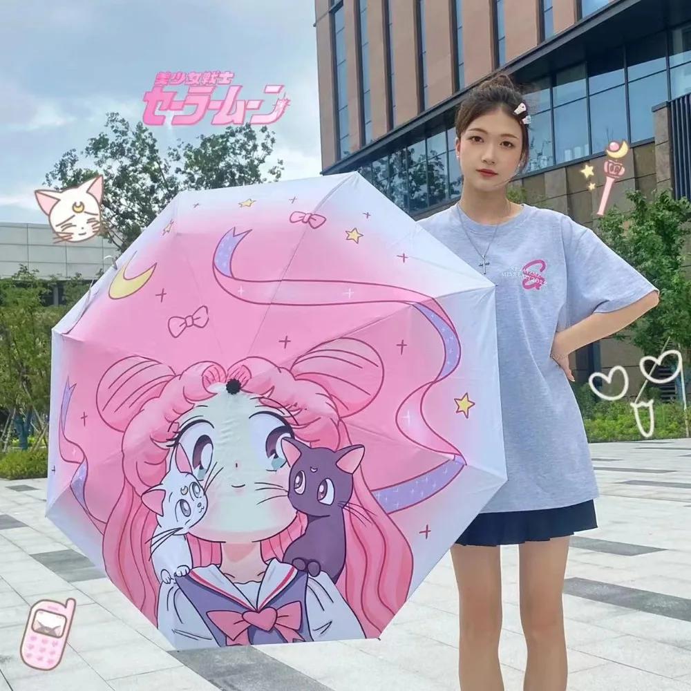 Sailor Moon Woman Anime Folding Umbrella Girls Cartoon Cute Umbrellas Kids Kawaii Printed Portable Rain Gear Fashion Gifts 2024