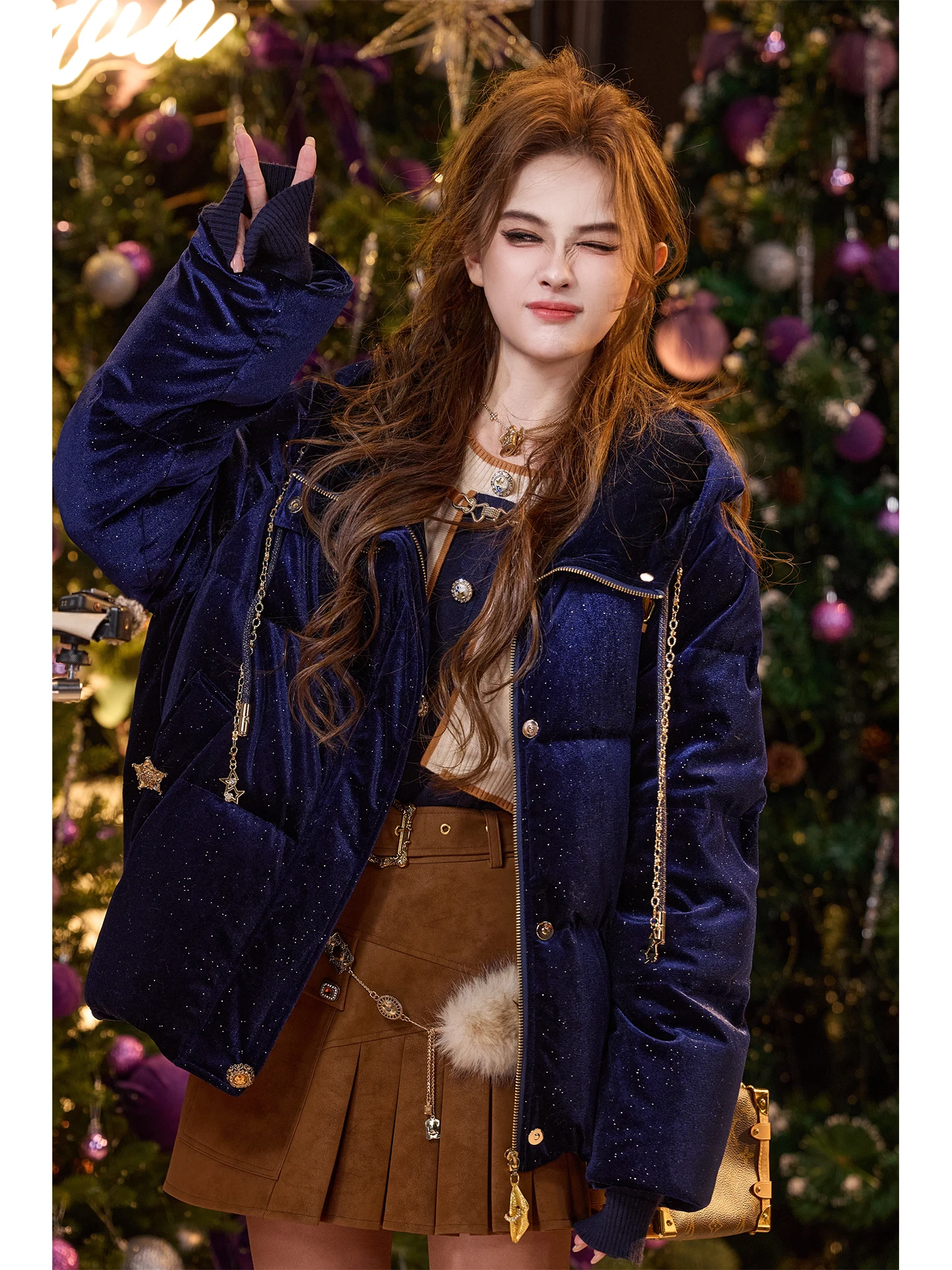 

TUNT Autumn Winter Blue Starry Top Velvet down Jaet 90 White Du Feather iny Sequins Women's Warm Padded Coat