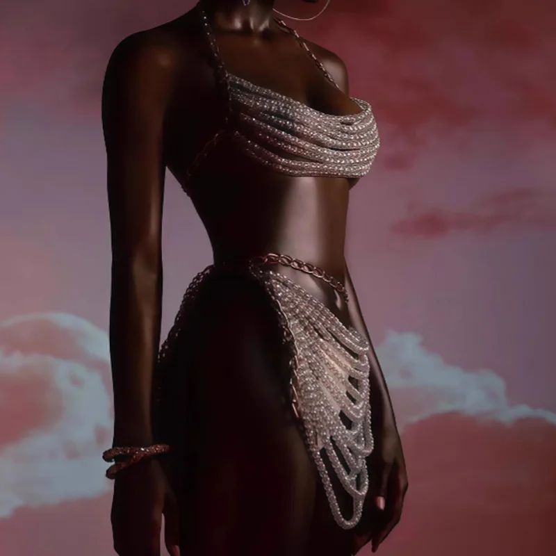 

Luxury Handmade Pearl Bikini Set Women Sexy Hollow Out Backless Neck Hanging Top Skirt Waist Chain Body Chain Beach Swimwear