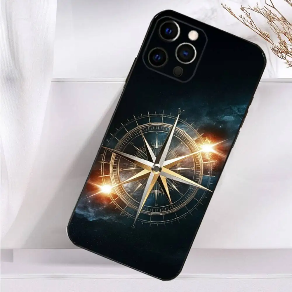 حافظة هاتف بوصلة فنية جغرافيا لهاتف آيفون 16,15,14,13,12,11 Plus,Pro Max,XS,X,XR,SE,Mini,8,7 غطاء أسود من السيليكون الناعم #3