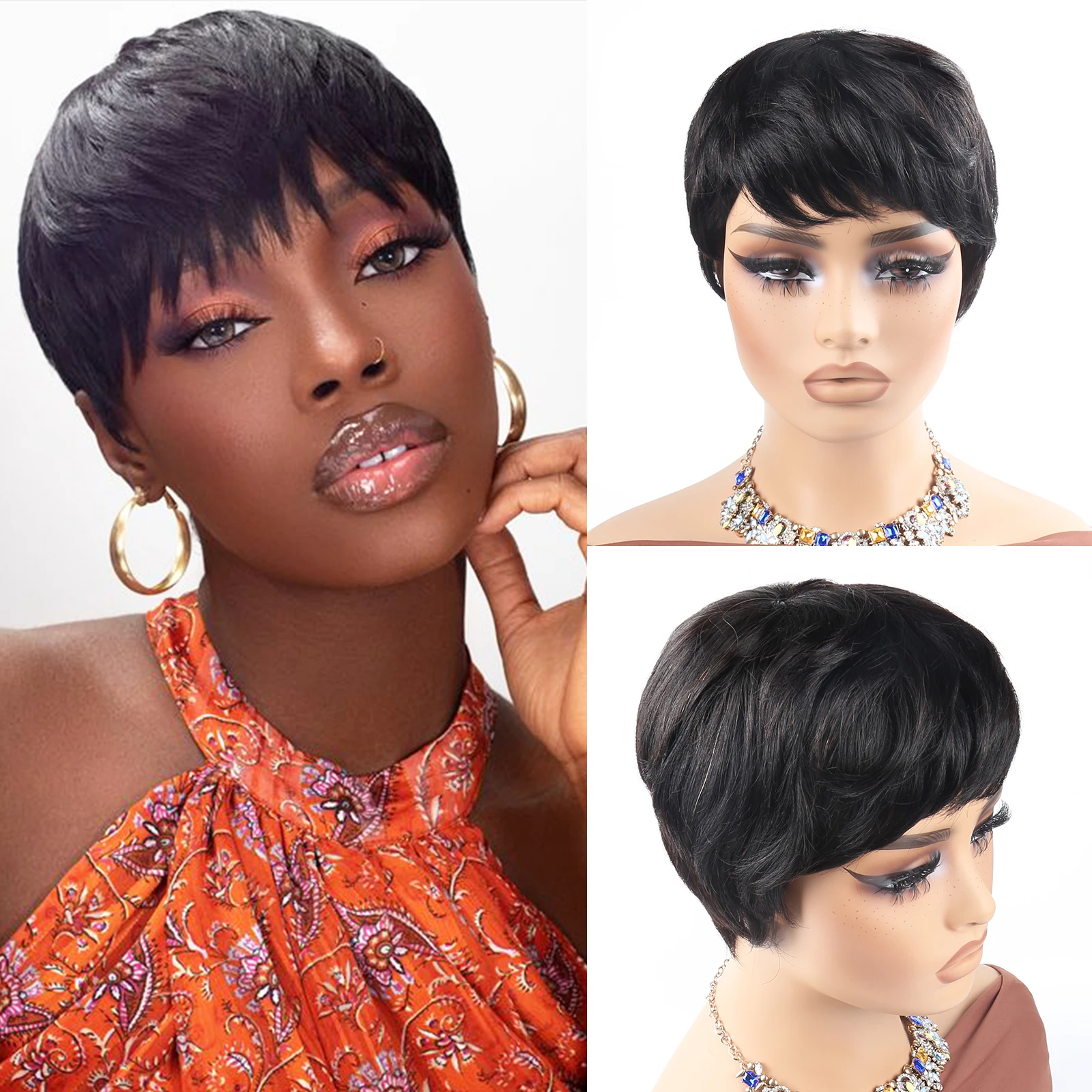 

Highlight Blonde Pixie Cut Wigs for Black Women Wig Short Wavy Layered Pixie Wig with Bangs Short Machine Made Wig