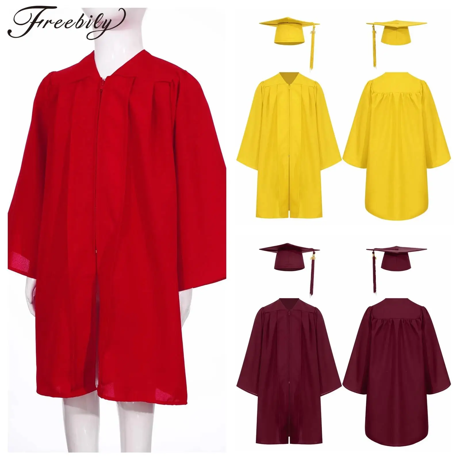 

Boys Girls 2025 Graduation Gown Primary Middle School College Set Robe with Badge Tassel Cap Cosplay Students Bachelor Uniform