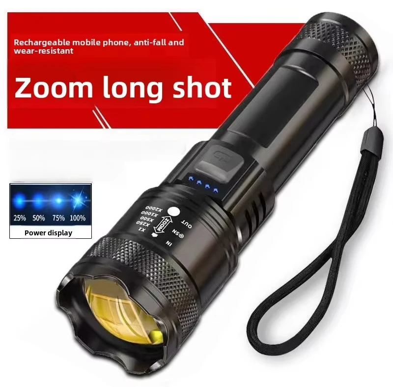 Super bright LED flashlight, zoom portable searchlight, waterproof ABS USB rechargeable 10W camping flashlight