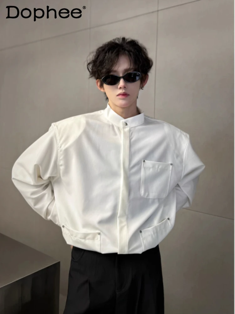 

New Chinese Multi-pocket No Ironing Solid Color Casual Shirts Long-sleeve Tops Men's 2025 Niche Design Shirt Fashion Trendy Coat