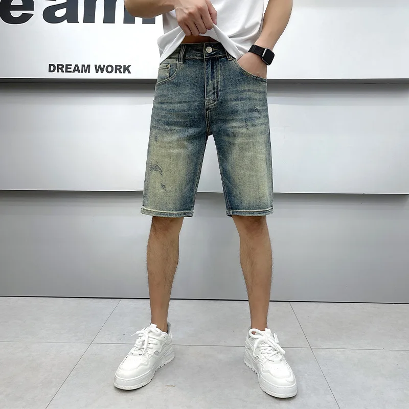 Denim Shorts Men's Retro Washed Nostalgic Fashion Brand Slim Straight Summer Thin Korean Style Elastic Capri Pants