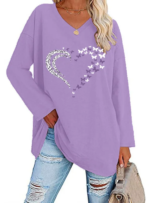 Cseta Hoada Informal de Manga Larga para Mujer, Otoño Invierno, Moda, Cuello en V, Estampado de Corazón, Talla ande, R...