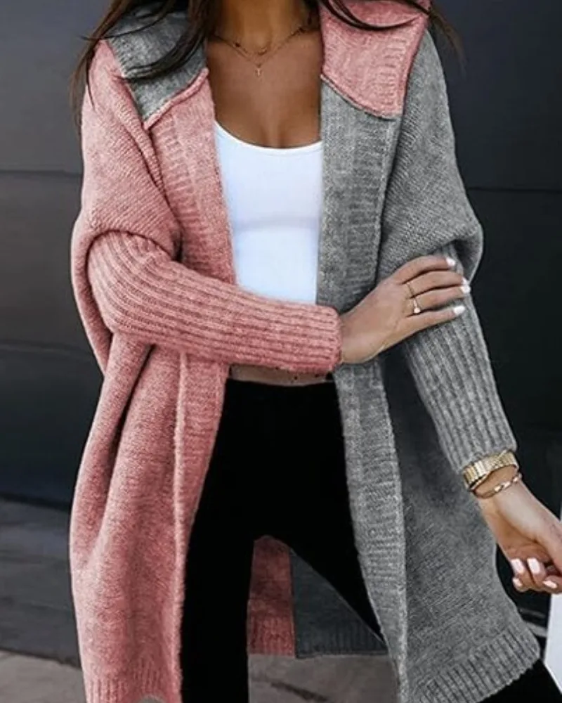 

Color Matching Hooded Knit Cardigan Women's Long Sweater Women's Coat in Autumn and Winter 2025