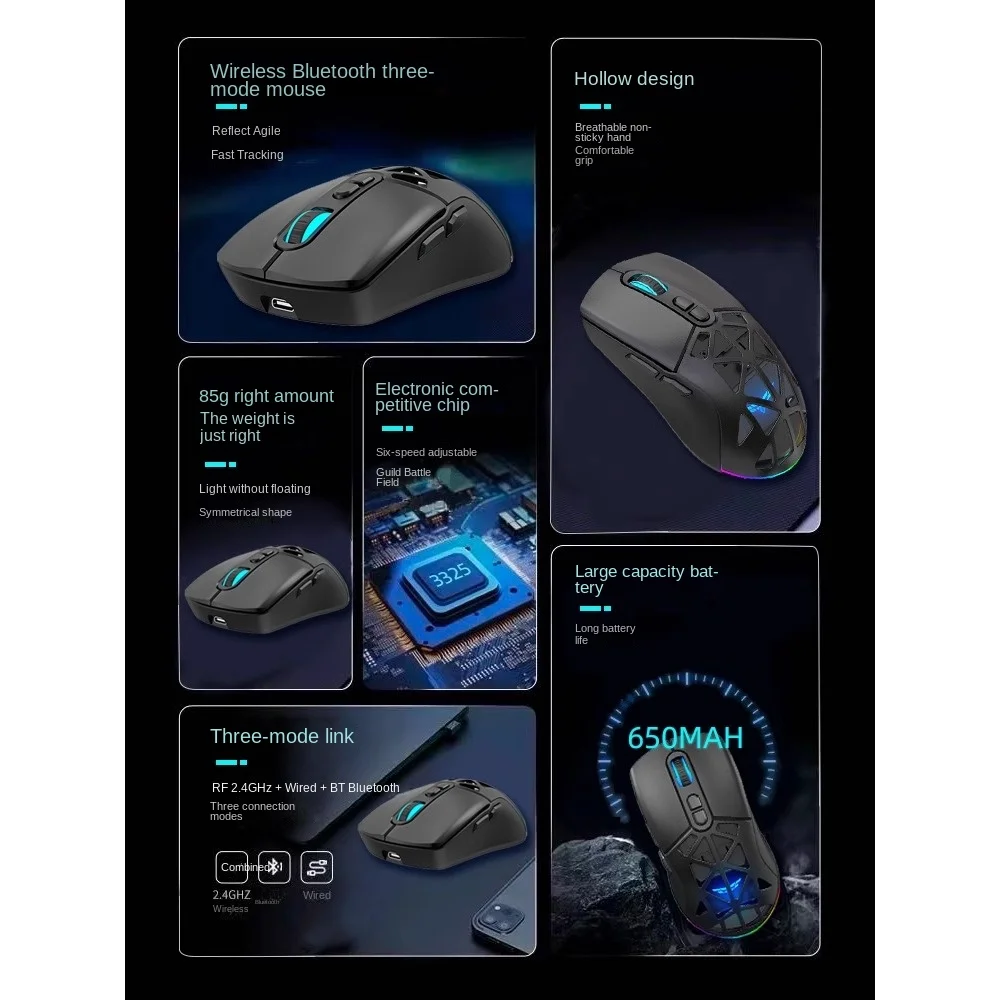 M17 Wireless Mouse 2.4G Bluetooth Wired PAW3325 Sensor 650mah Large Battery RGB Lights Lightweight Skeleton Design Gaming Office